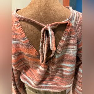 Cozy Striped Women's Tie Back Sweater - Coral White Turq coquette romantic